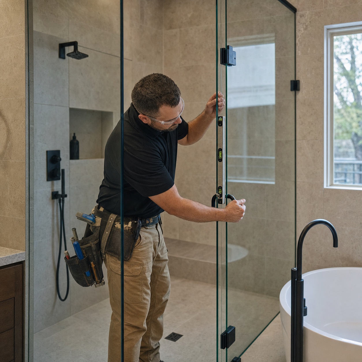 Close-up of a glass installer carefully fitting a frameless shower door.