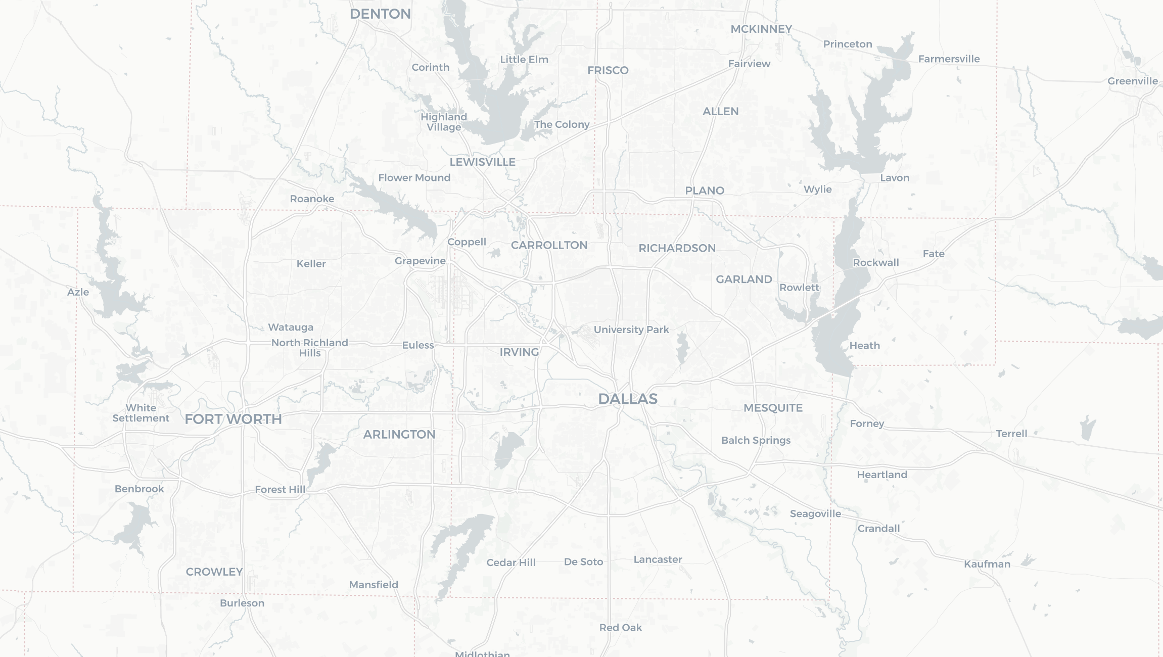 Street map of the Dallas-Fort Worth Metroplex showing Dallas, Fort Worth, Frisco, McKinney, Mesquite, Rockwall, and surrounding cities
